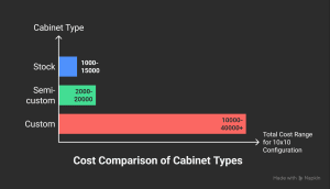 Bar chart comparing cost ranges of stock, semi-custom, and custom kitchen cabinets for 10x10 layout