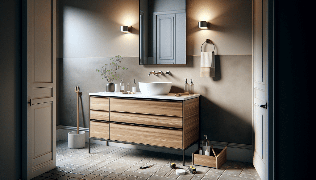modern bathroom vanity with sink and installation tools on floor