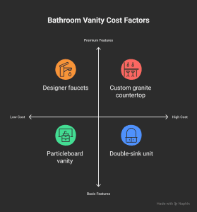 infographic showing bathroom vanity cost factors including faucets granite countertop and double sink unit