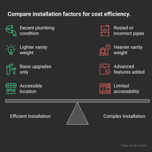 infographic comparing factors that affect plumber cost for bathroom vanity installation