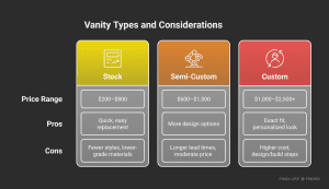Chart showing stock, semi-custom, and custom bathroom vanity types with prices and pros and cons