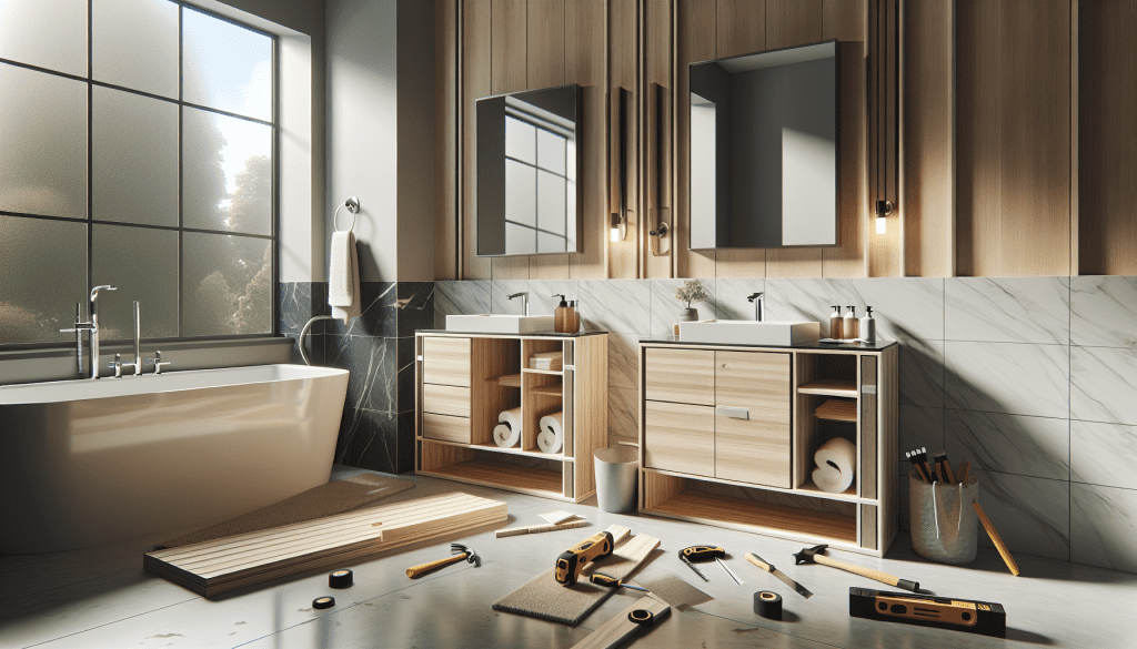 bathroom vanity under construction with tools on floor next to bathtub