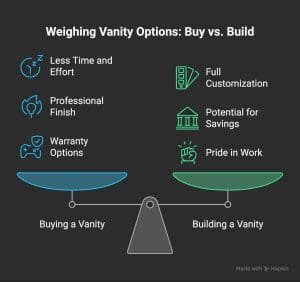 Comparison chart weighing pros and cons of buying versus building a bathroom vanity