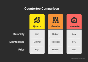 Comparison chart of quartz, granite, and laminate countertops showing durability, maintenance, and price