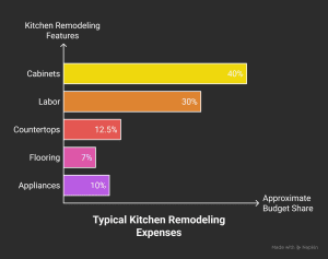 bar chart showing typical kitchen remodeling expenses with cabinets, labor, countertops, flooring, and appliances