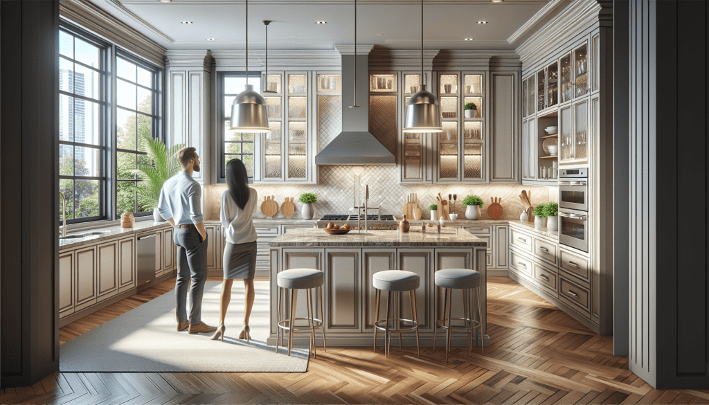 couple viewing modern kitchen remodel with island and custom cabinets