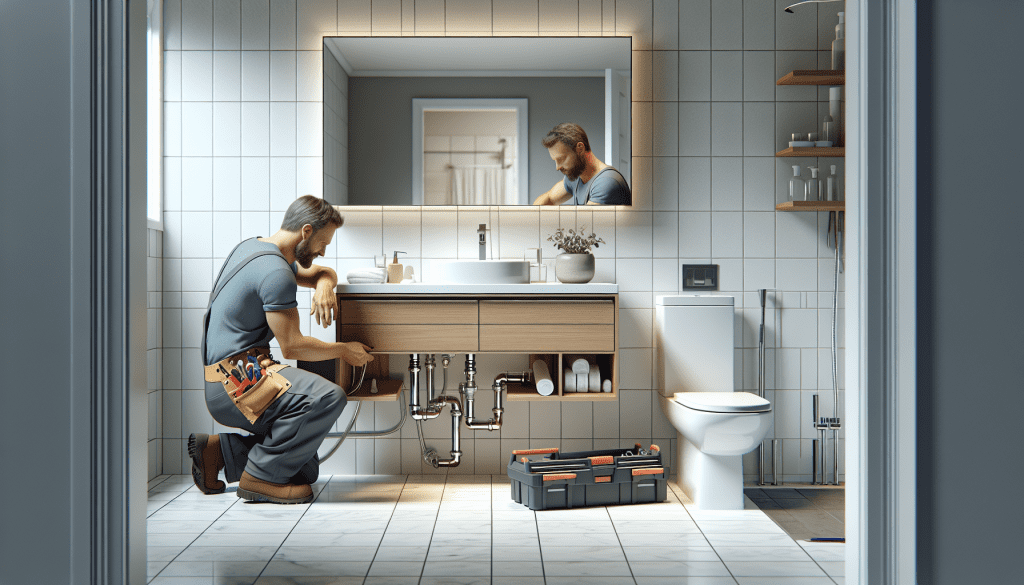 plumber installing bathroom vanity with tools in modern bathroom