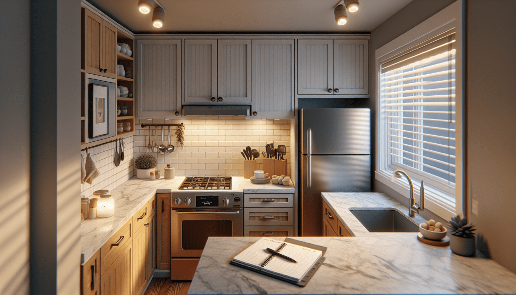 modern small kitchen remodel with marble countertops and stainless steel appliances