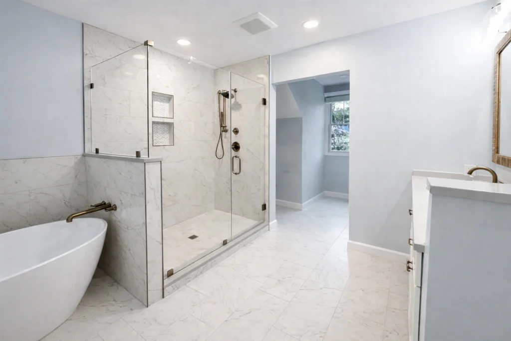 Glass walk-in shower installed during a bathroom remodel in Baltimore, MD