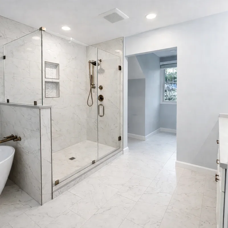 Custom glass walk-in shower and freestanding tub from a bathroom remodel in Arnold, MD