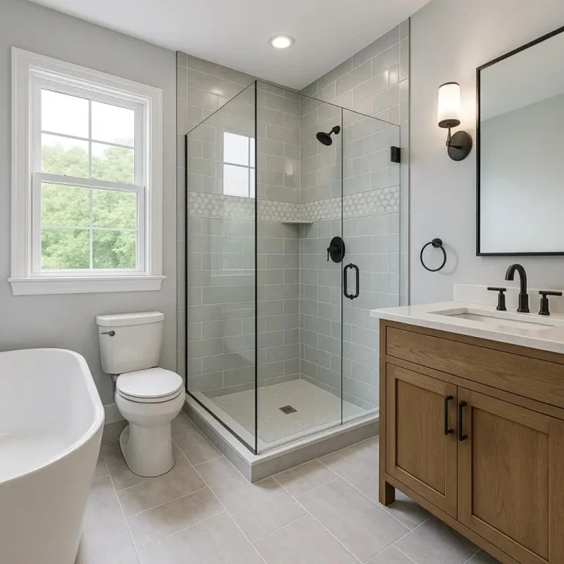 Glass shower with tiled walls and a wood vanity showing a tile wall finish