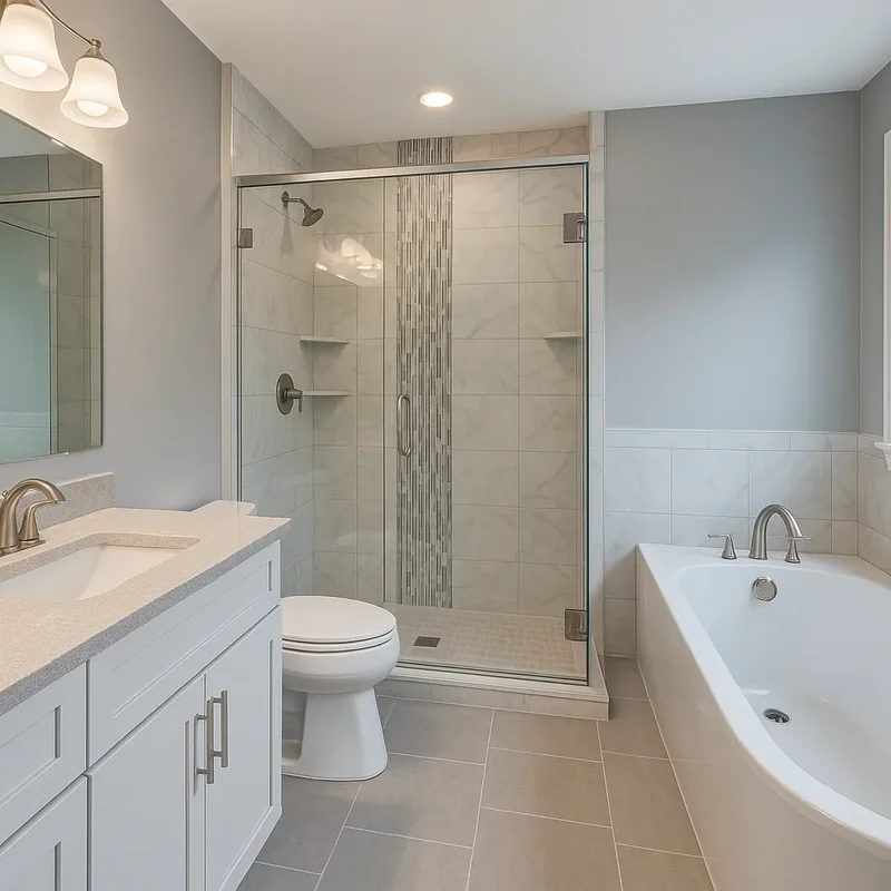 Tub and separate glass shower stall in a remodeled bathroom, showing walk-in shower vs. tub options
