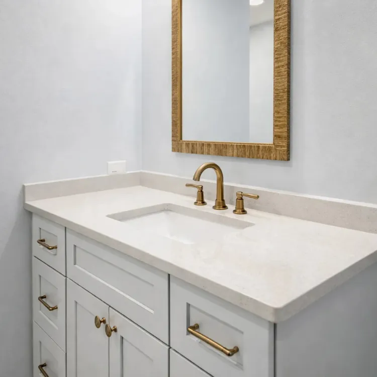 White vanity with quartz top and brass faucet in a finished bathroom remodel in Pasadena MD
