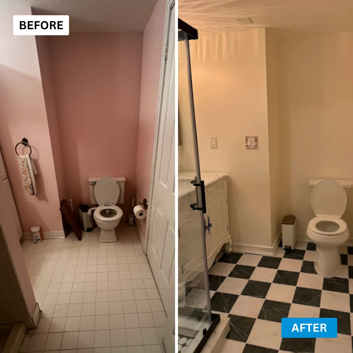 Before and after photos of a small bathroom floor replaced with black and white checkerboard tile