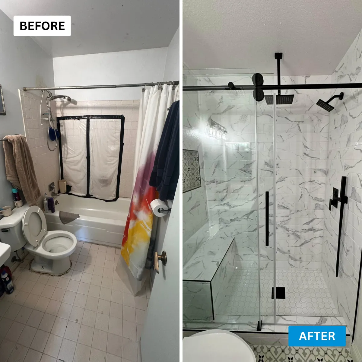Before and after photos of an old tub and curtain replaced with a glass walk-in shower