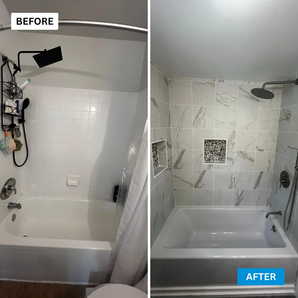 Before and after photos of a dated tub surround updated with marble look tile