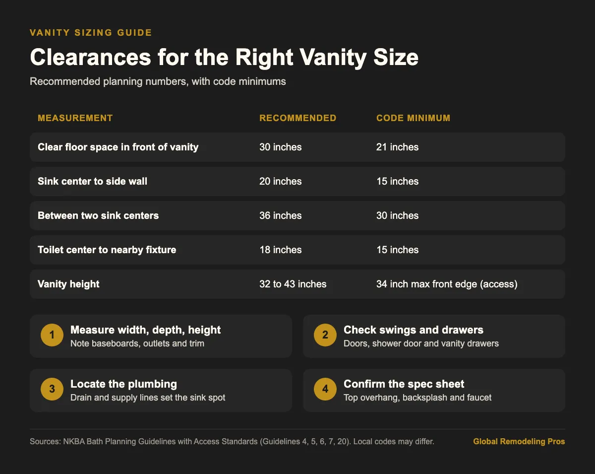 Infographic showing bathroom vanity clearances for width, sink spacing, height and floor space