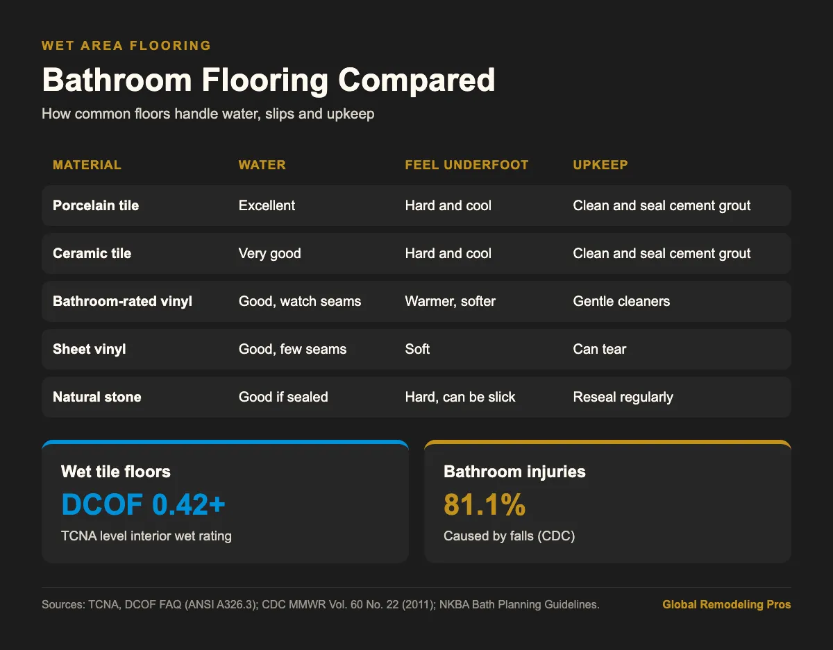 Infographic comparing porcelain, ceramic, vinyl and stone bathroom flooring for water and slip resistance