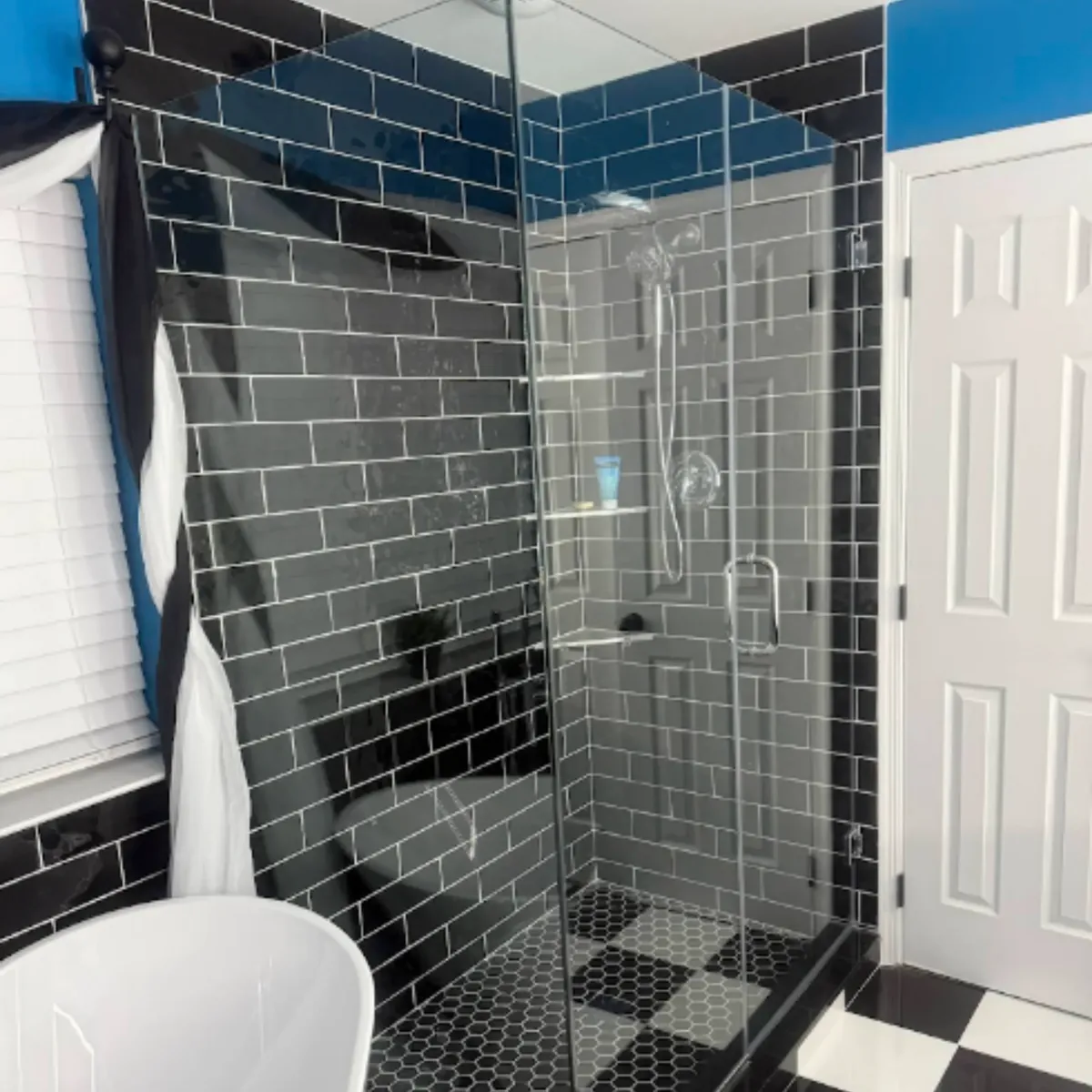 Black subway tile glass shower enclosure, Columbia MD