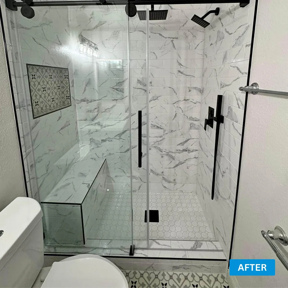 Finished glass shower door and marble enclosure, Columbia MD