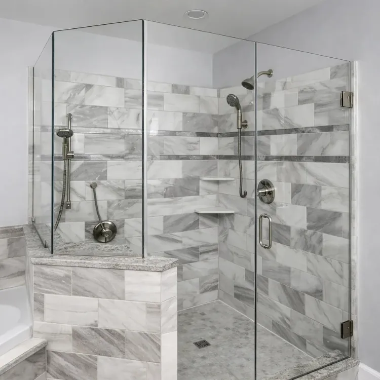 Frameless glass neo-angle shower with gray marble tile in a finished bathroom remodel in Pasadena MD