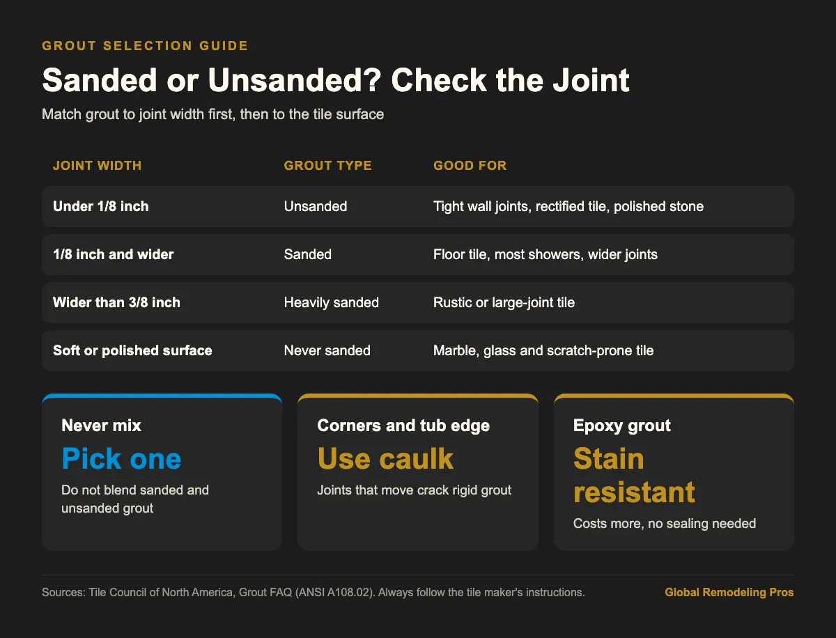 Infographic showing which grout type to use by tile joint width and tile surface