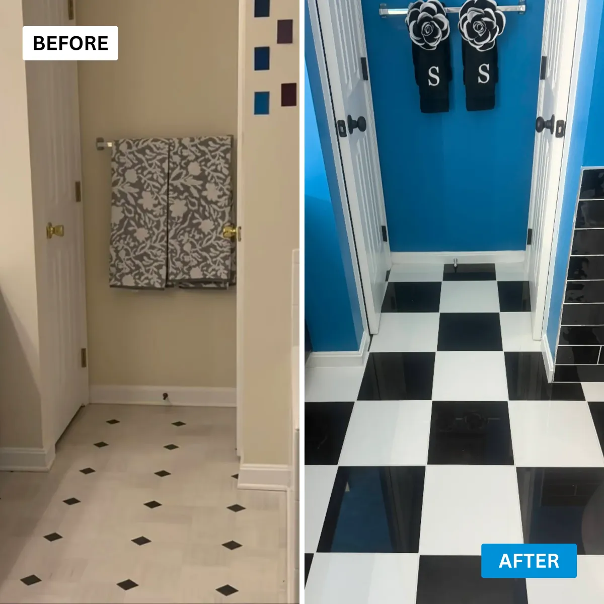 Before and after photos of a dated bathroom updated with a checkerboard floor and blue walls