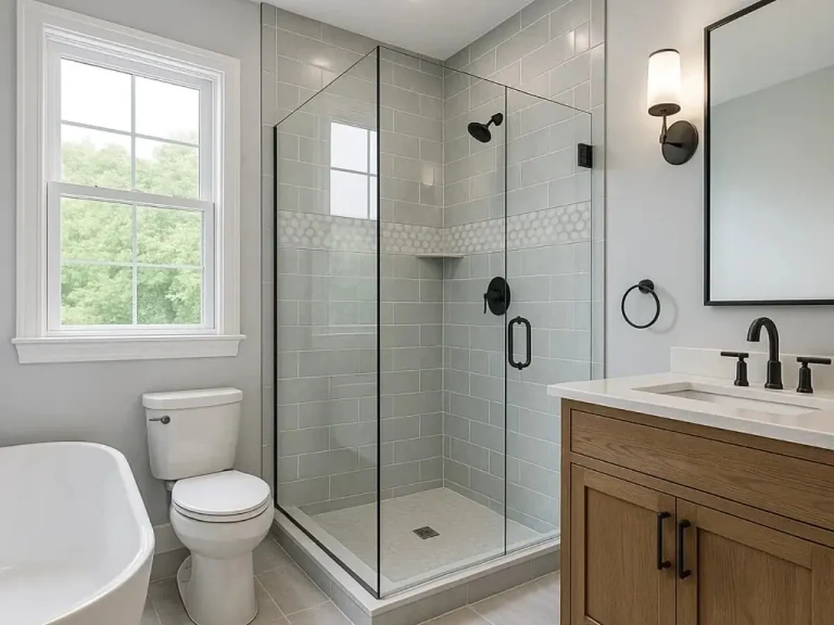 Corner shower with a low entry beside the toilet and vanity in an Arnold MD accessible bathroom remodel