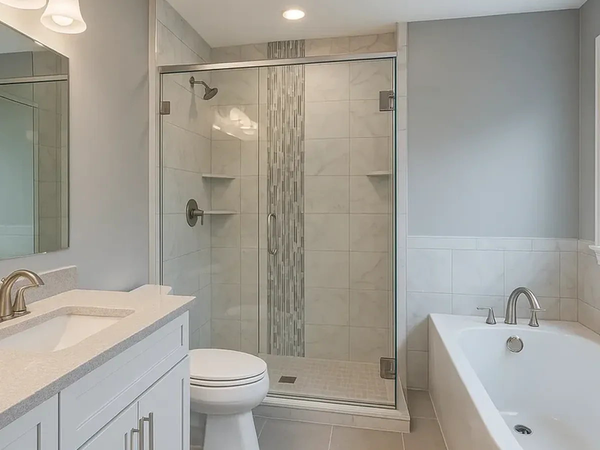 Finished walk in shower and comfort height toilet after accessible bathroom remodeling in Arnold MD