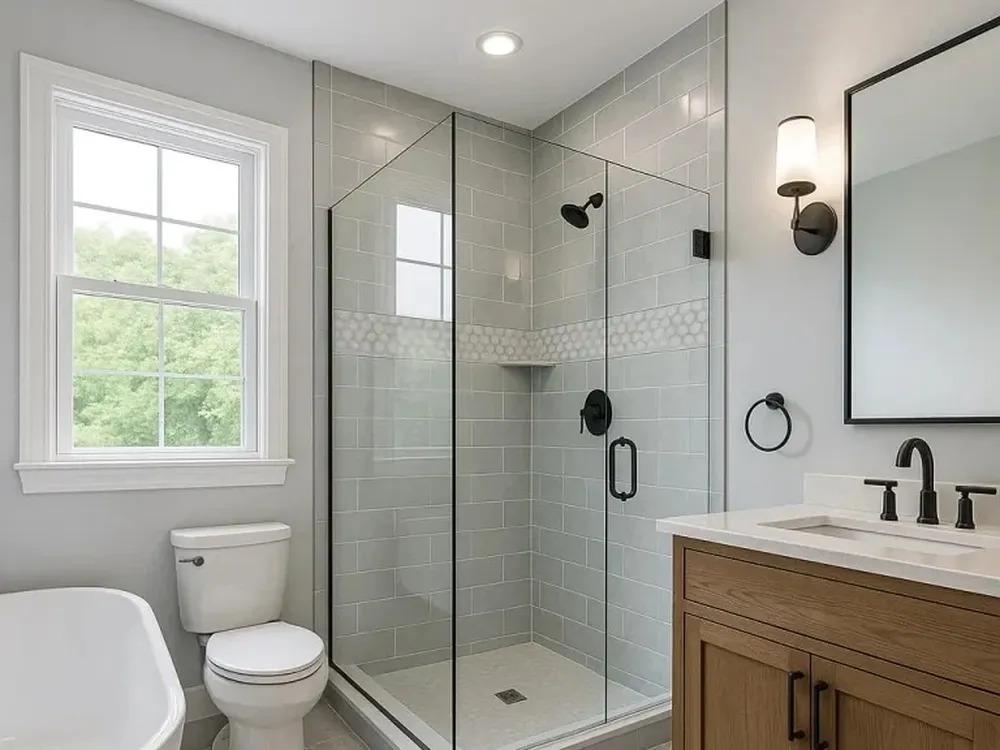 Corner shower with a wide glass door beside the toilet and vanity in a Columbia MD bathroom