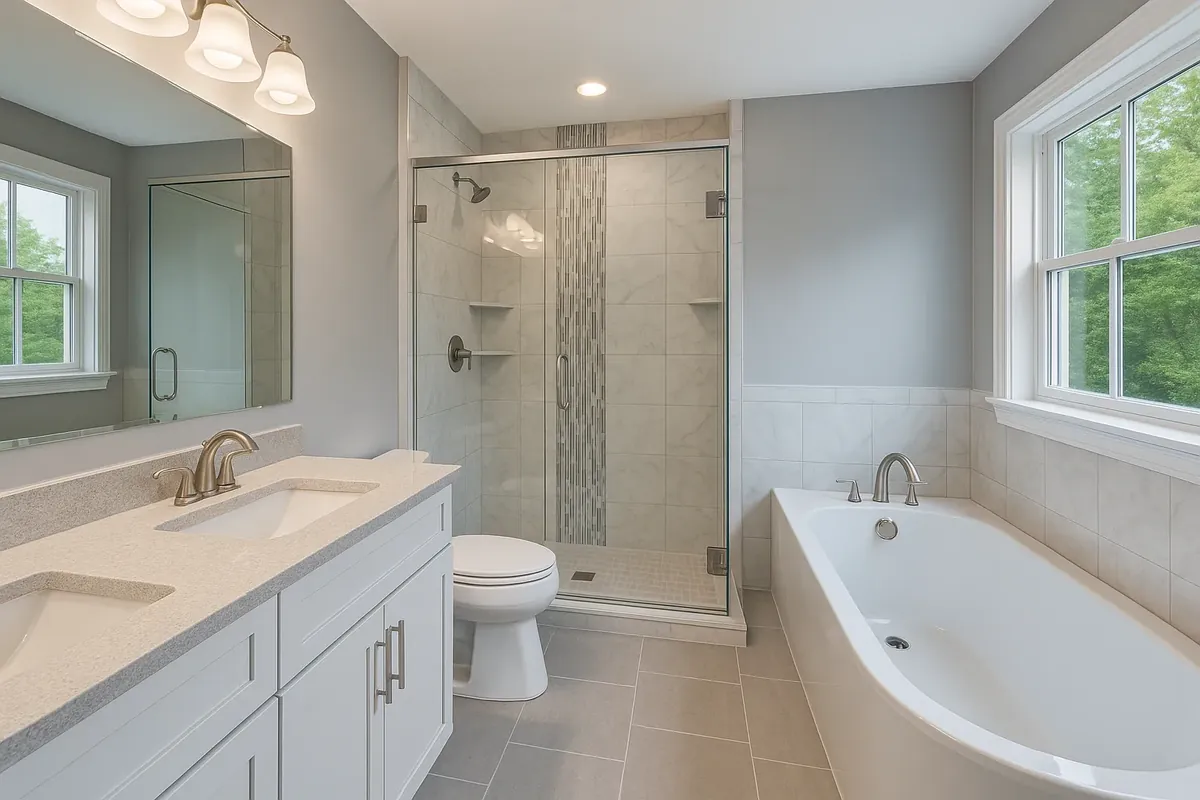 Baltimore MD bathroom remodel with a wide open floor, a low threshold glass shower and a double vanity