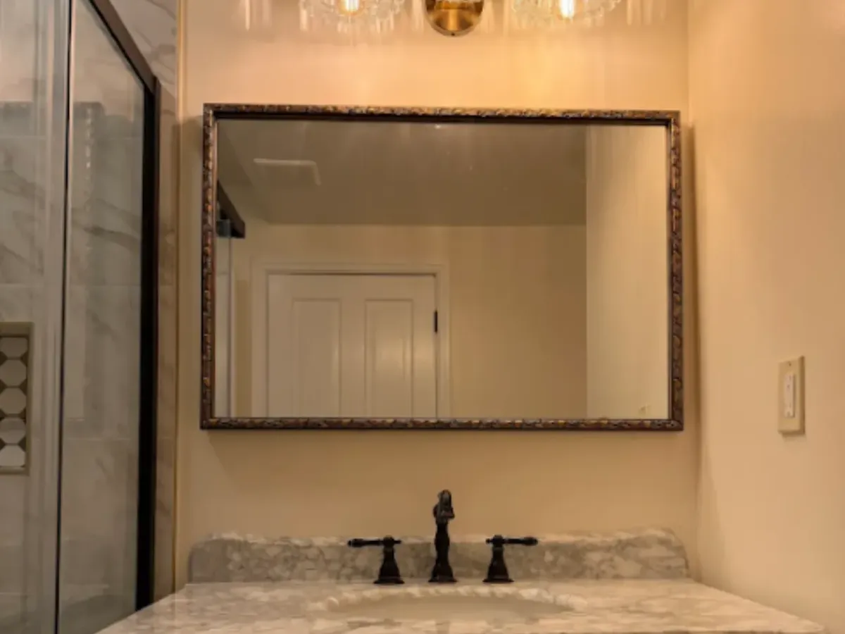 Marble vanity top and faucet set after a bathroom plumbing job in Columbia MD
