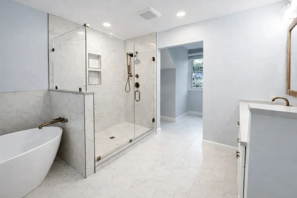 Finished bathroom remodel in Baltimore MD with a glass walk-in shower and a freestanding tub