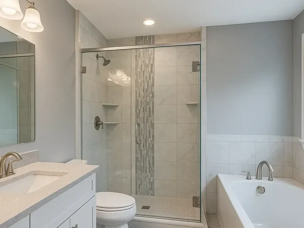 Step-in glass shower with a low edge beside a soaking tub in a Columbia MD bathroom