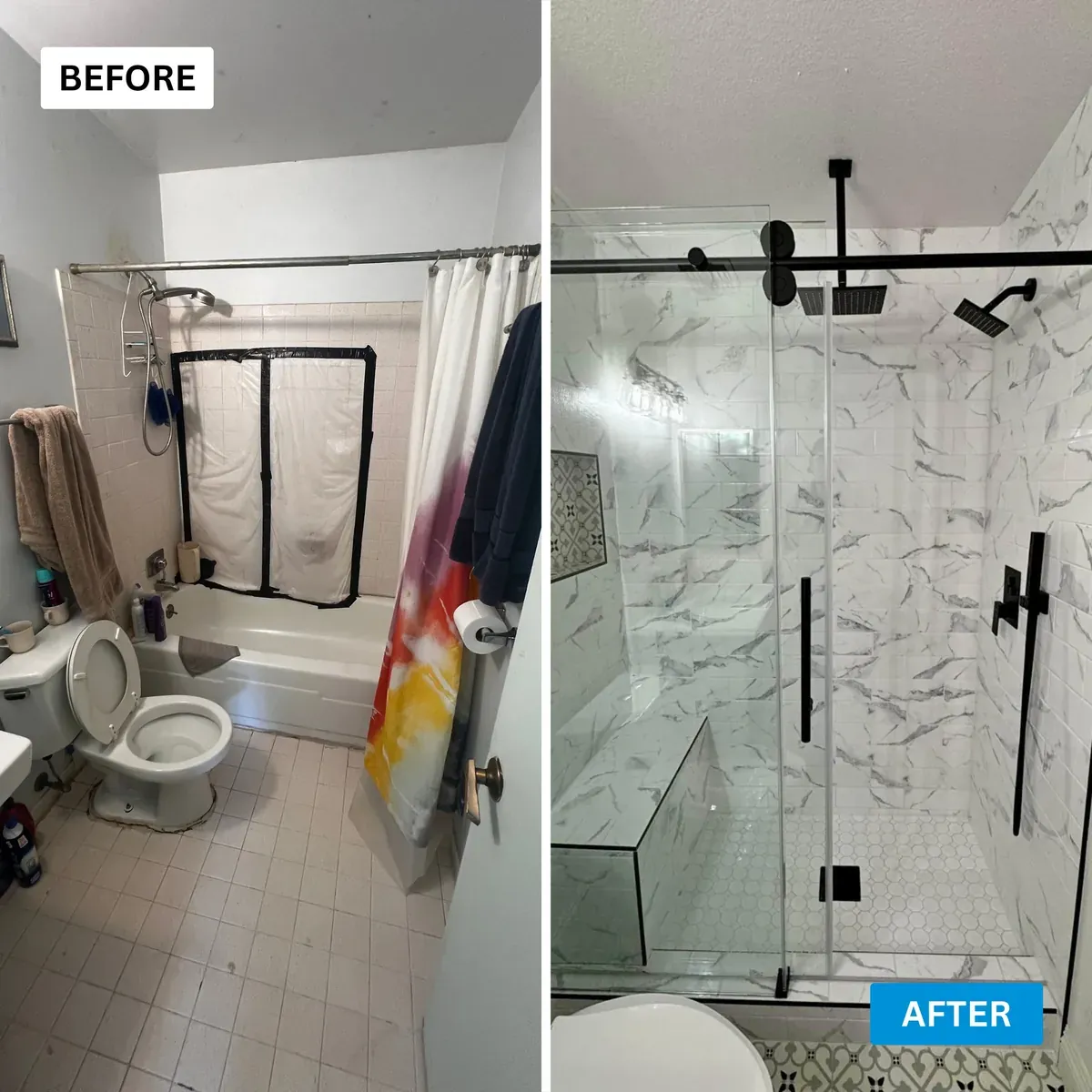 Before and after of an Arnold MD bathroom, old tub and curtain replaced with a glass walk-in shower