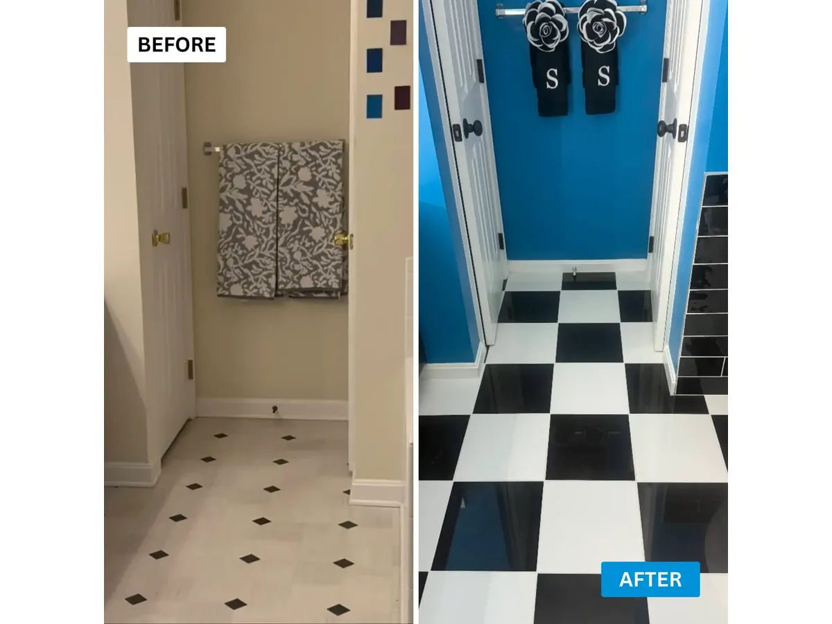 Before and after of a small hall bathroom remodel in Arnold, MD with a new black and white tile floor