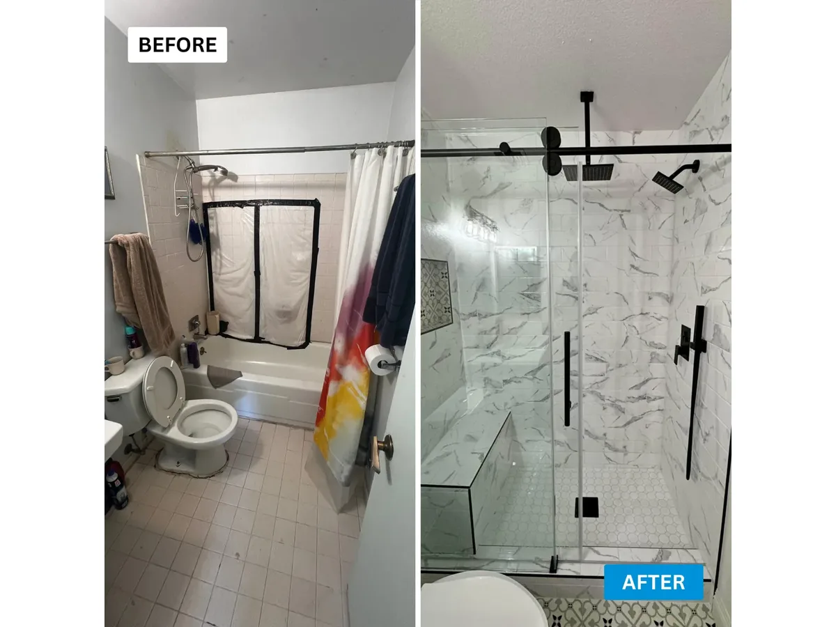 Before and after of a small Arnold, MD bathroom where an old tub became a tiled walk-in shower with clear glass