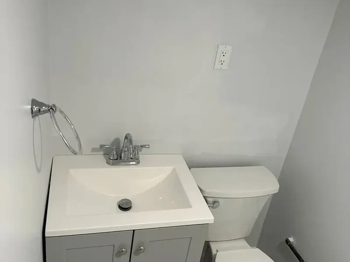 Compact sink and toilet in a Columbia, MD powder room after a small bathroom remodel