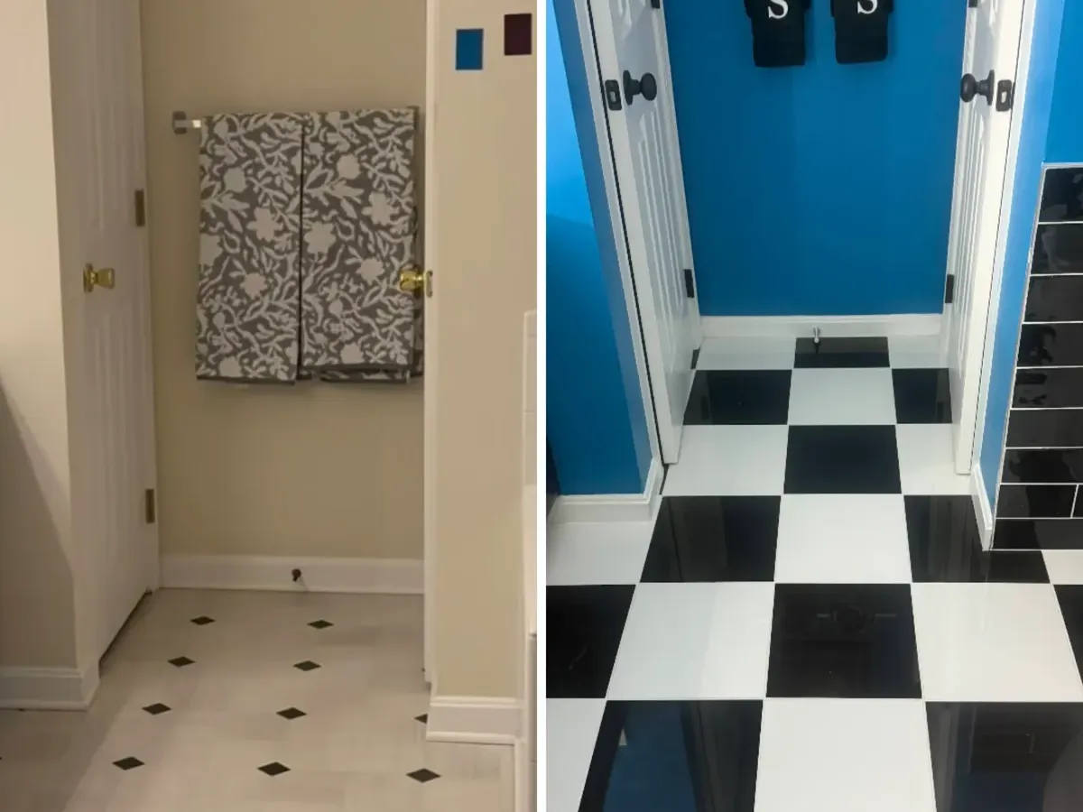 Before and after of a Columbia, MD hall bath small bathroom remodel with new tile flooring and paint