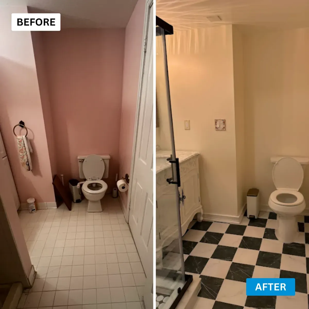 Before and after of a Pasadena MD bathroom where the new toilet went back on the same drain